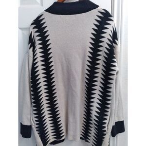Geometric Pattern Open Front Cardigan‎ Sweater Navy White Aztec Long Sleeve